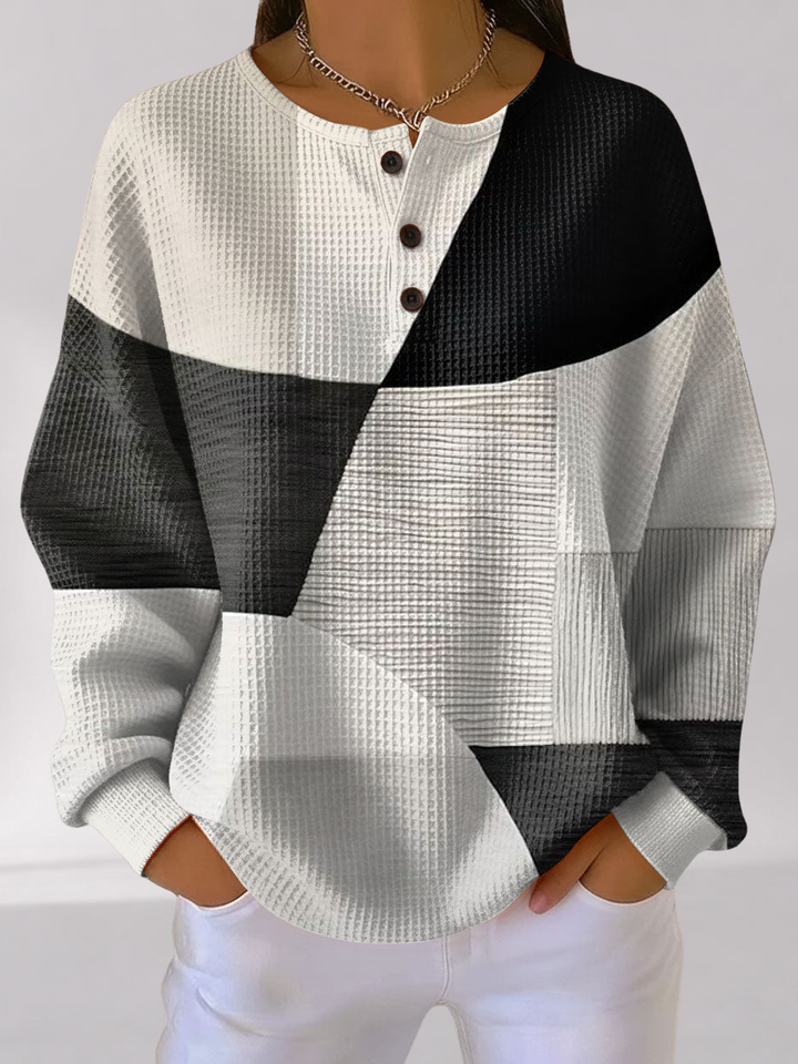Pull en Maille Texturée Color Block à Col Henley