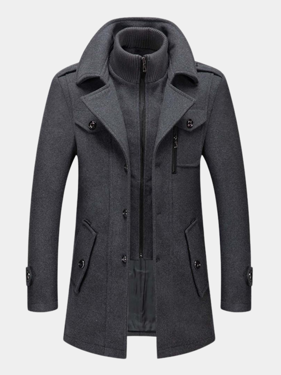Manteau Long en Mélange de Laine à Col Montant pour Homme