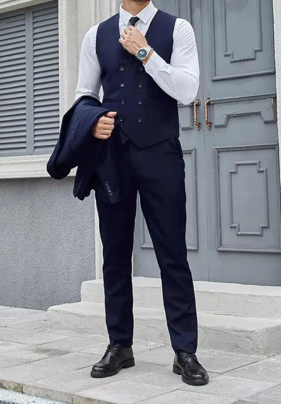Costume Trois Pièces Homme Coupe Slim Infroissable avec Col Peak et Gilet Croisé