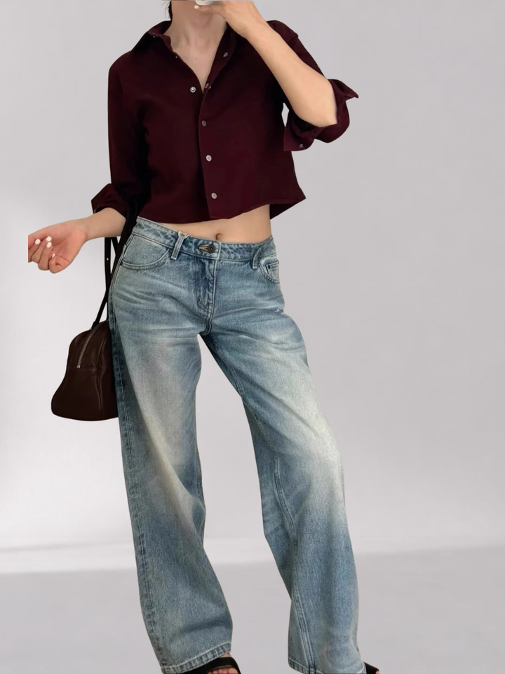 Jean Droit Femme en Coton – Délavage Vintage Taille Mi-Haute