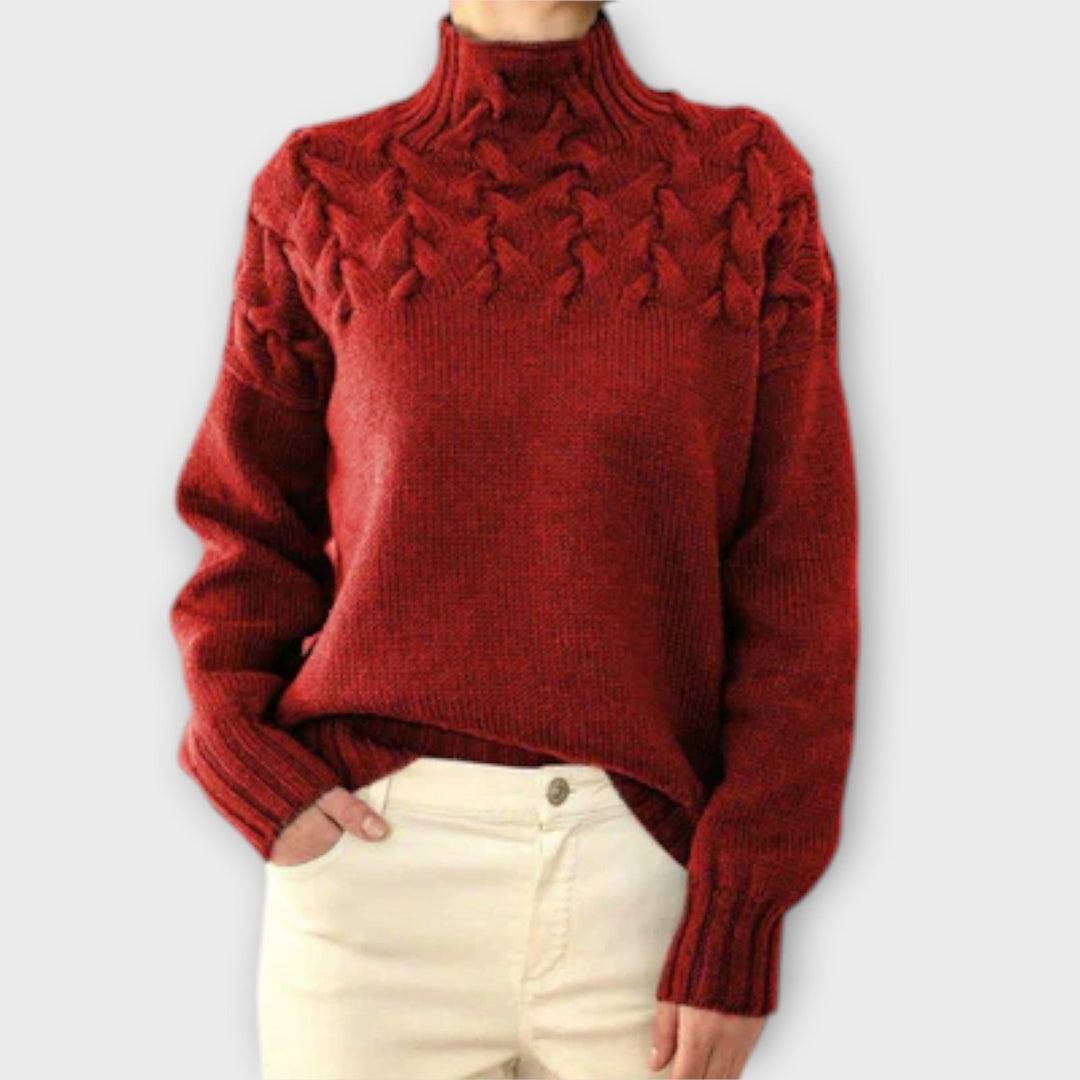 Pull Femme Noir en Maille Torsadée – Col Haut Coupe Décontractée