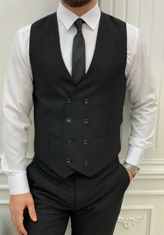 Costume Trois Pièces Homme Coupe Classique avec Gilet Col V et Poches à Rabat