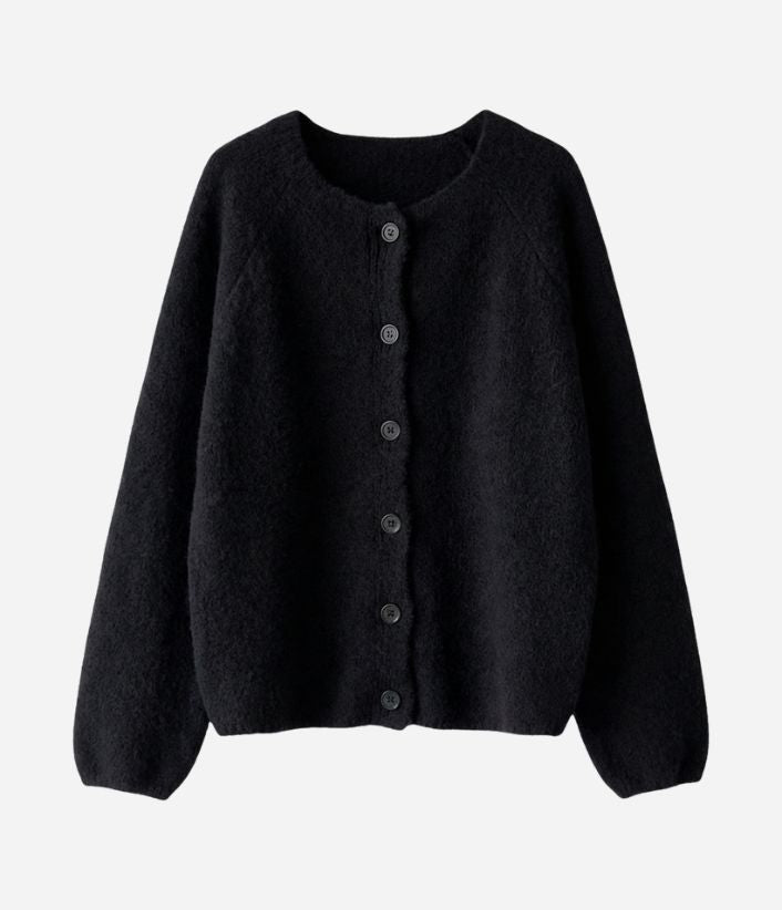Women's Button-Up Knit Cardigan with a Crew Neck and Puff Sleeves