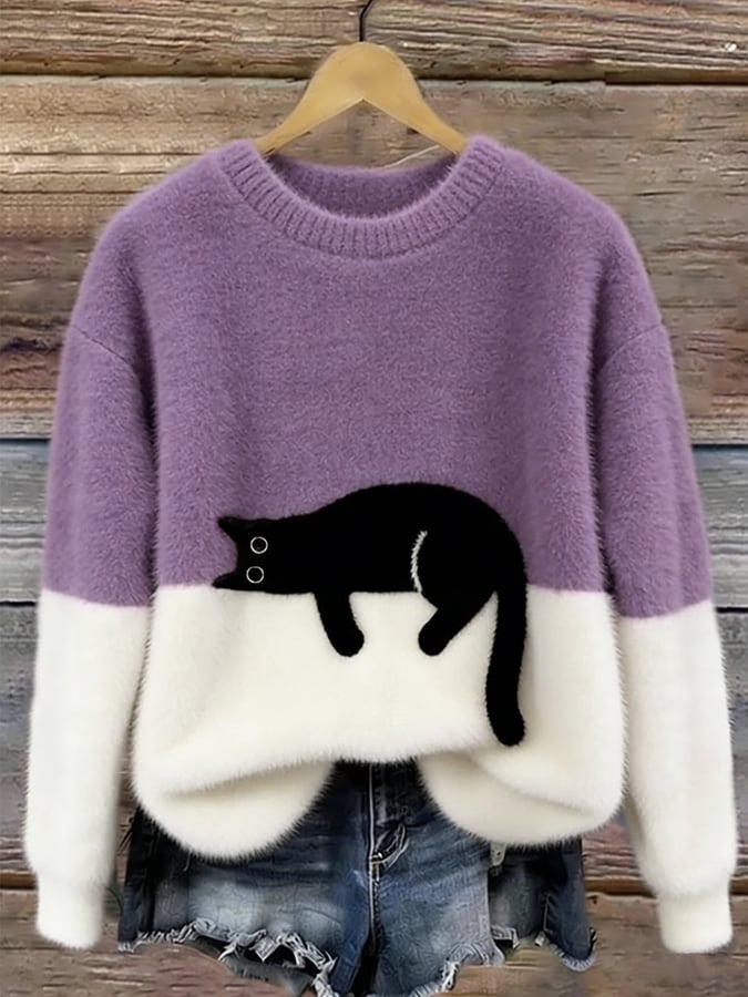 Women's knit sweatshirt - Two-tone with black cat motif