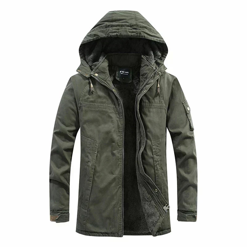 Parka lunga con cappuccio e fodera in pile da uomo