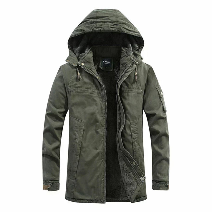 Parka lunga con cappuccio e fodera in pile da uomo