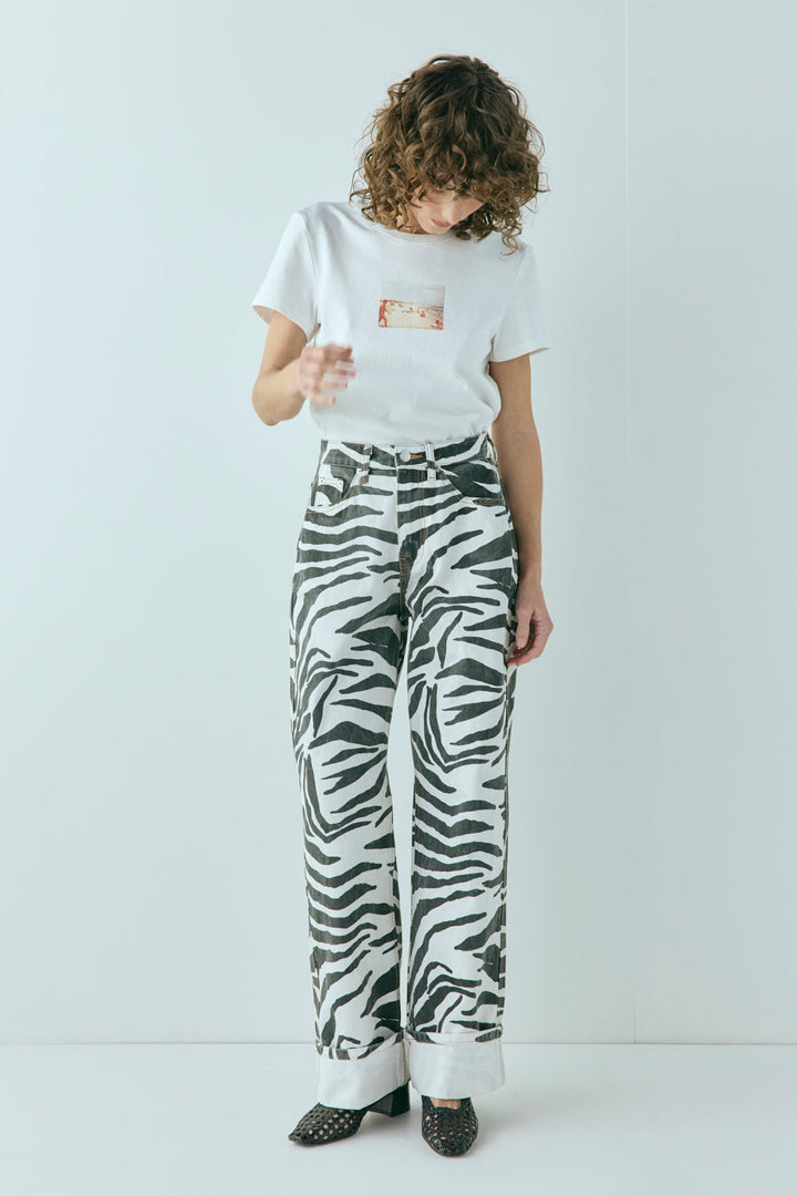 Jean Femme Taille Mi-Haute Imprimé Zèbre – Denim Coton à Revers