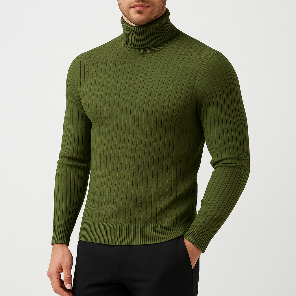 Pull Col Roulé Homme en Maille Torsadée avec Bordures Côtelées