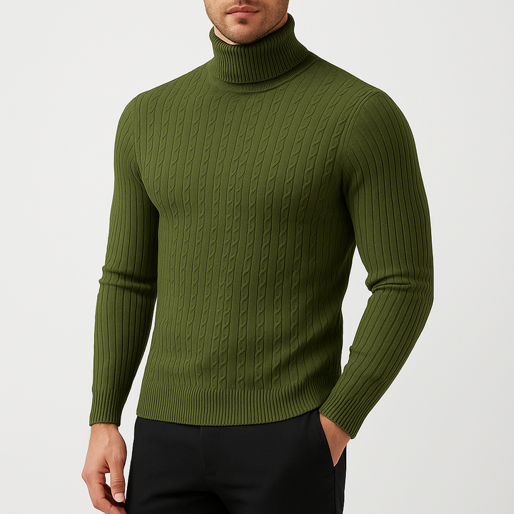 Pull Col Roulé Homme en Maille Torsadée avec Bordures Côtelées