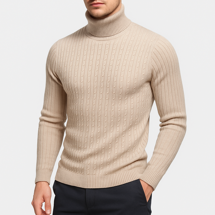 Pull Col Roulé Homme en Maille Torsadée avec Bordures Côtelées