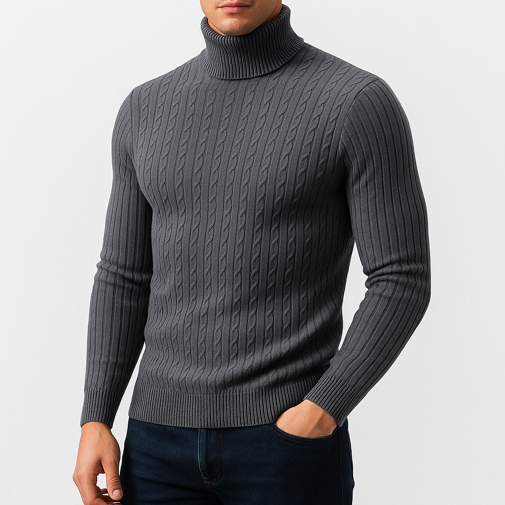 Pull Col Roulé Homme en Maille Torsadée avec Bordures Côtelées