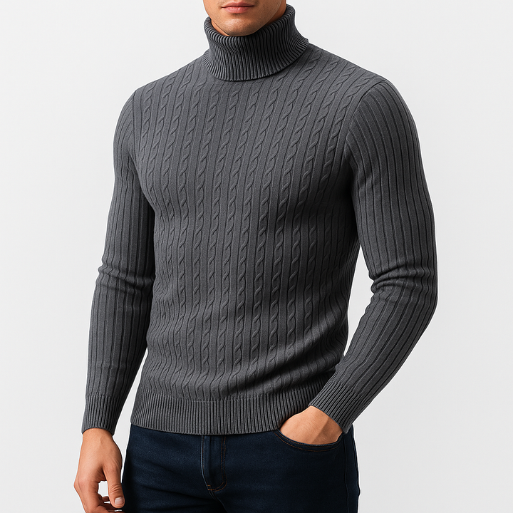 Pull Col Roulé Homme en Maille Torsadée avec Bordures Côtelées