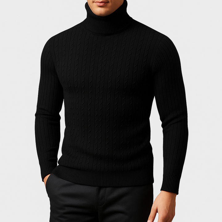 Pull Col Roulé Homme en Maille Torsadée avec Bordures Côtelées
