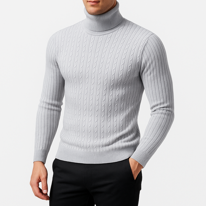 Pull Col Roulé Homme en Maille Torsadée avec Bordures Côtelées
