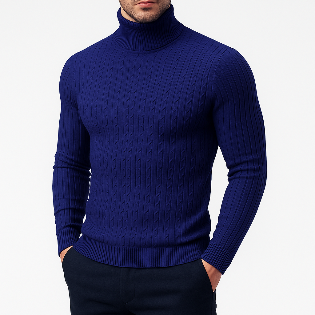 Pull Col Roulé Homme en Maille Torsadée avec Bordures Côtelées