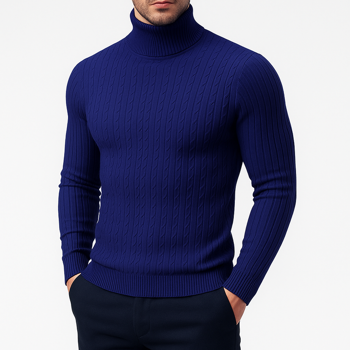 Pull Col Roulé Homme en Maille Torsadée avec Bordures Côtelées