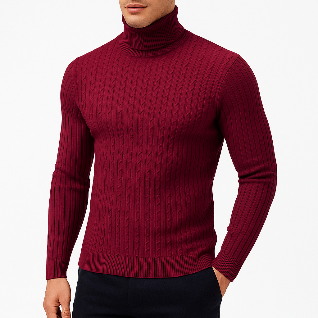 Pull Col Roulé Homme en Maille Torsadée avec Bordures Côtelées