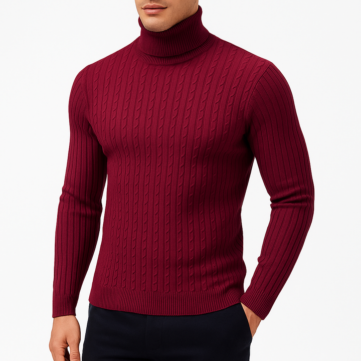Pull Col Roulé Homme en Maille Torsadée avec Bordures Côtelées