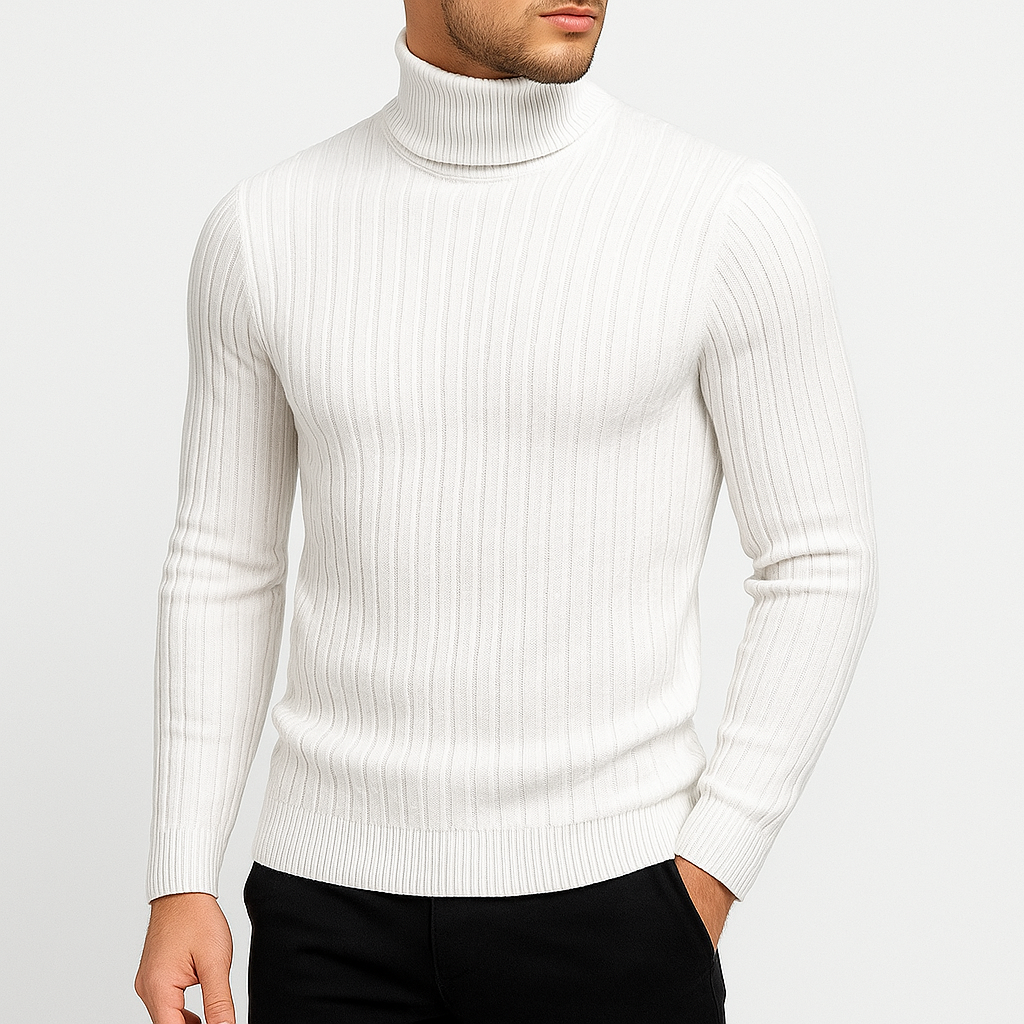 Pull Col Roulé Homme en Maille Torsadée avec Bordures Côtelées
