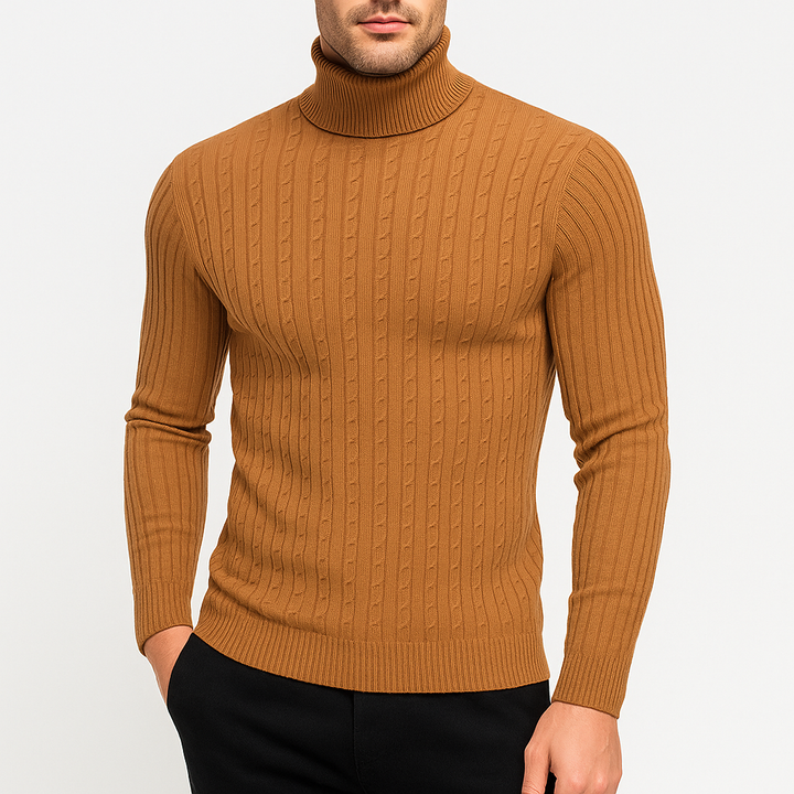 Pull Col Roulé Homme en Maille Torsadée avec Bordures Côtelées