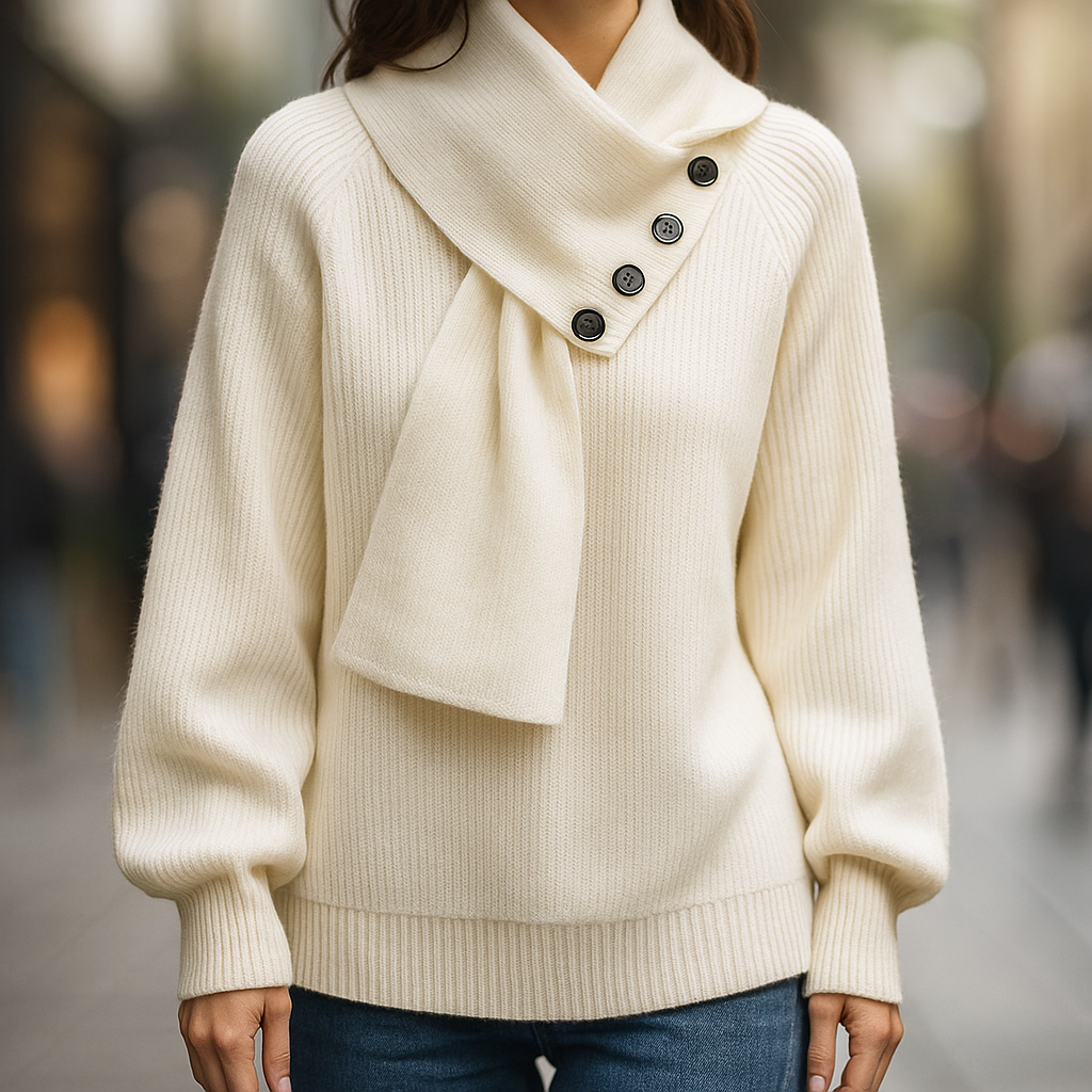 Maglione da donna in maglia a coste con collo a sciarpa e bottoni