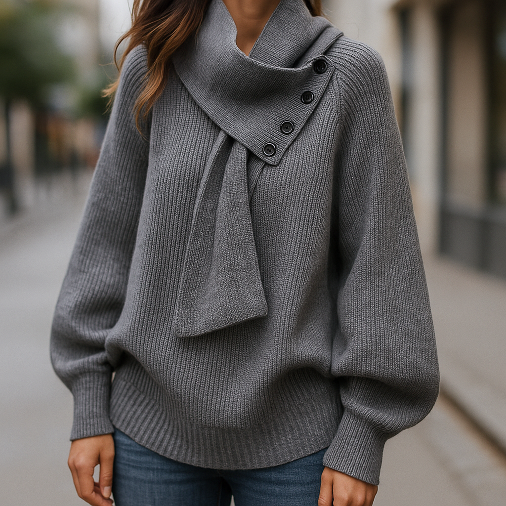 Maglione da donna in maglia a coste con collo a sciarpa e bottoni