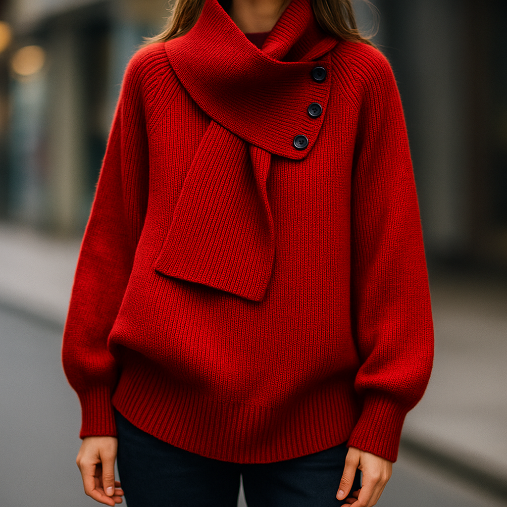 Maglione da donna in maglia a coste con collo a sciarpa e bottoni