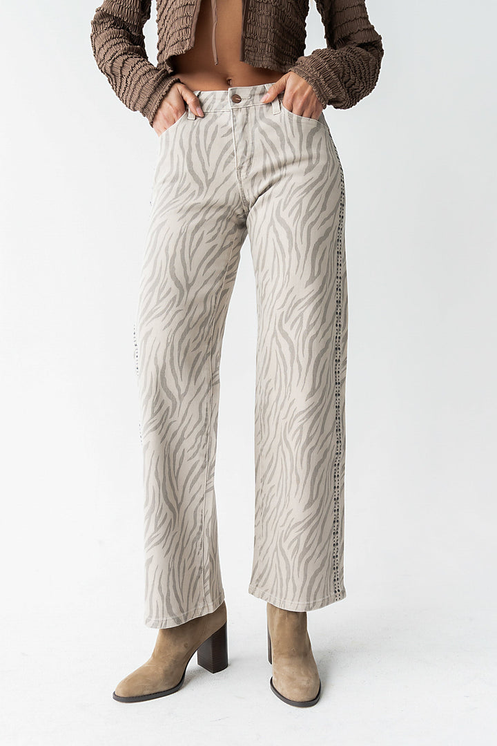 Jean Droit Femme à Imprimé Zèbre – Taille Mi-Haute en Coton Mélangé