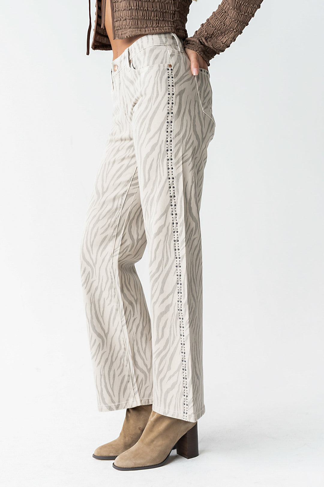 Jean Droit Femme à Imprimé Zèbre – Taille Mi-Haute en Coton Mélangé