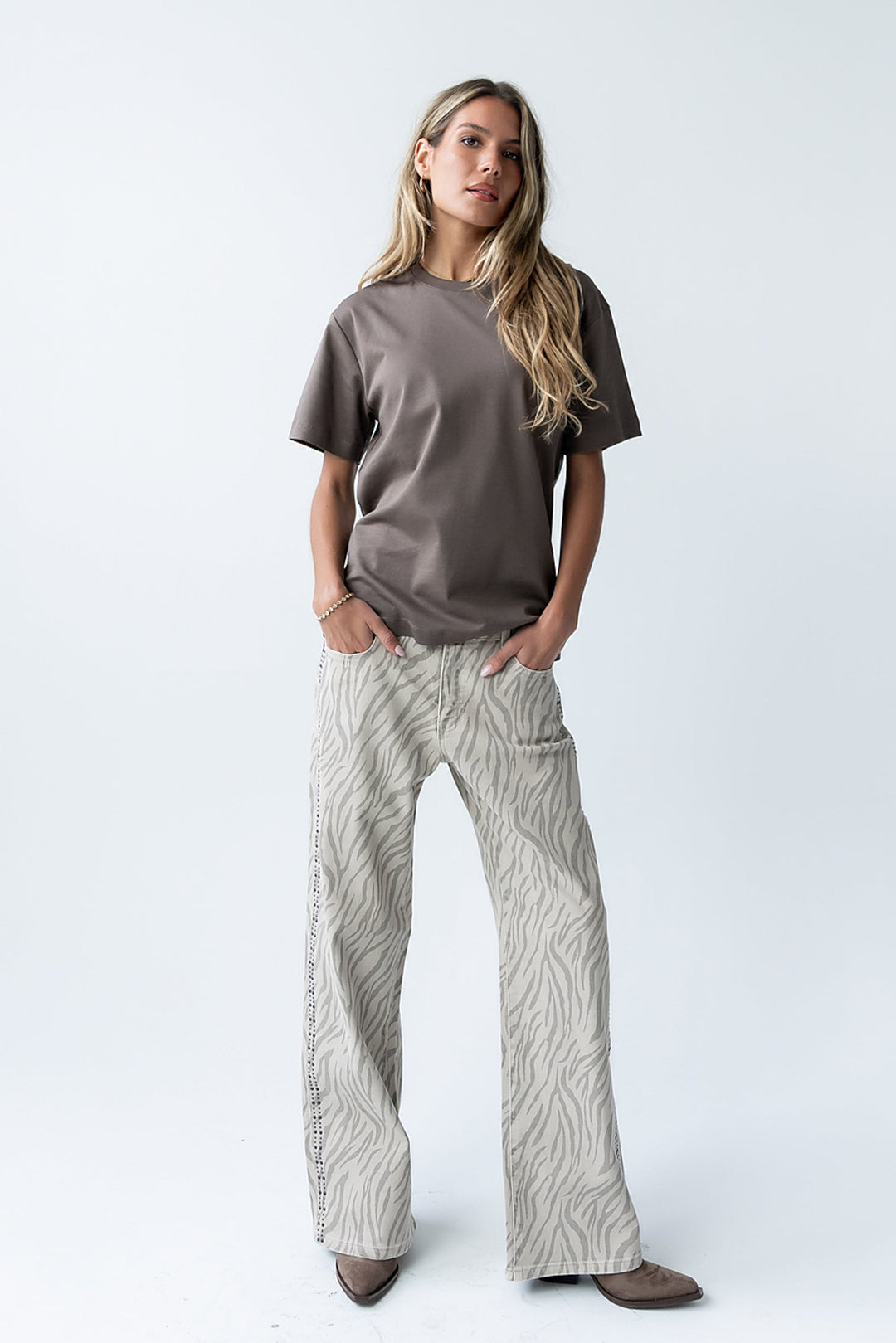 Jean Droit Femme à Imprimé Zèbre – Taille Mi-Haute en Coton Mélangé