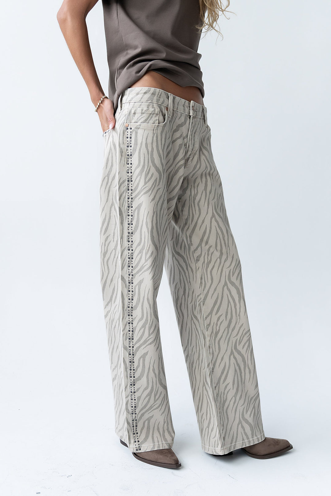 Jean Droit Femme à Imprimé Zèbre – Taille Mi-Haute en Coton Mélangé