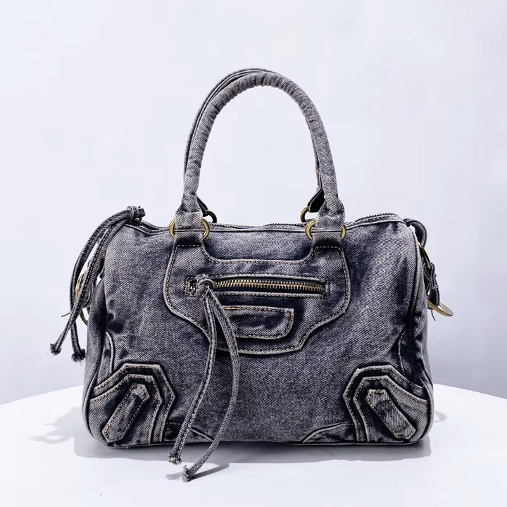 Women's Washed Denim Handbag with Zippered Pockets and Handles