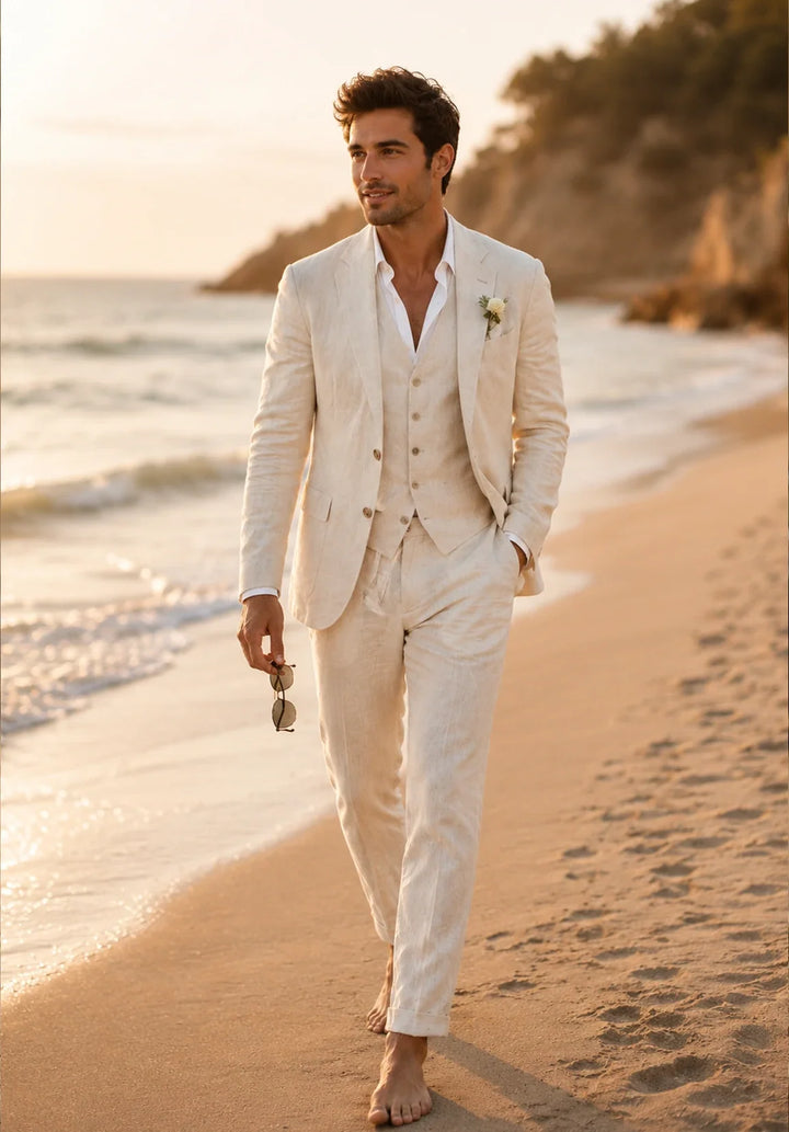 Costume Trois Pièces Homme Coupe Slim en Lin Respirant avec Col Notch et Gilet Six Boutons