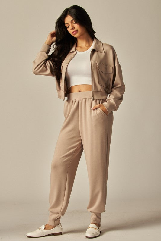 Ensemble Femme Deux Pièces Veste Courte Boutonnée Et Pantalon De Jogging