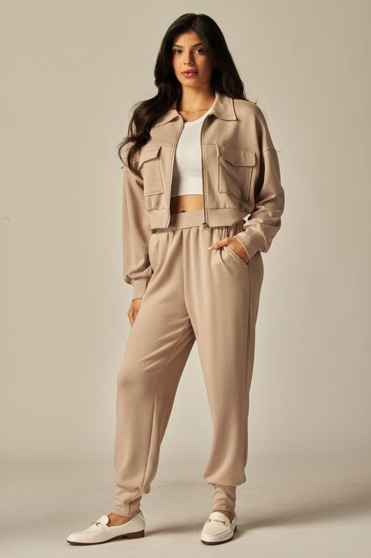 Ensemble Femme Deux Pièces Veste Courte Boutonnée Et Pantalon De Jogging