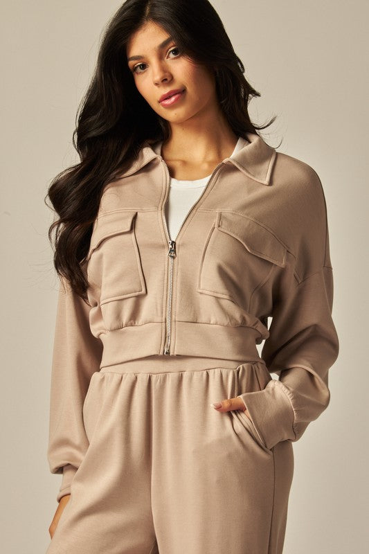 Ensemble Femme Deux Pièces Veste Courte Boutonnée Et Pantalon De Jogging