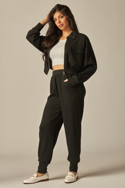 Ensemble Femme Deux Pièces Veste Courte Boutonnée Et Pantalon De Jogging