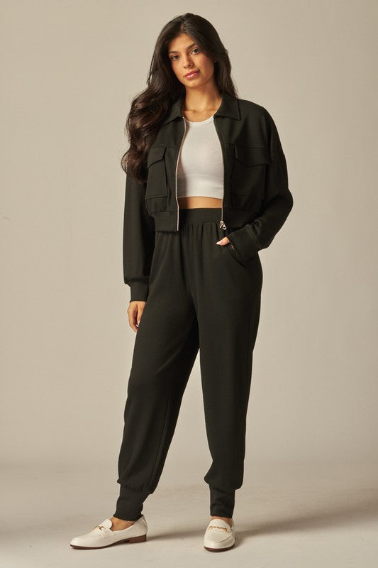 Ensemble Femme Deux Pièces Veste Courte Boutonnée Et Pantalon De Jogging