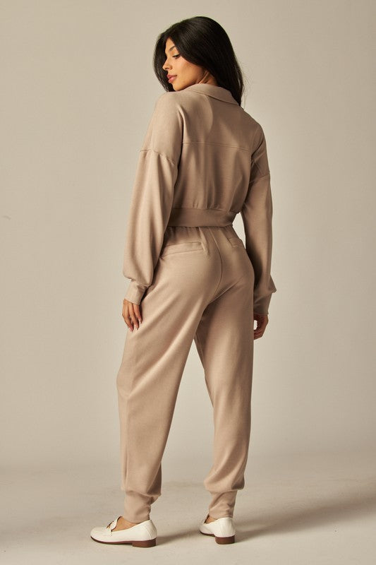 Ensemble Femme Deux Pièces Veste Courte Boutonnée Et Pantalon De Jogging