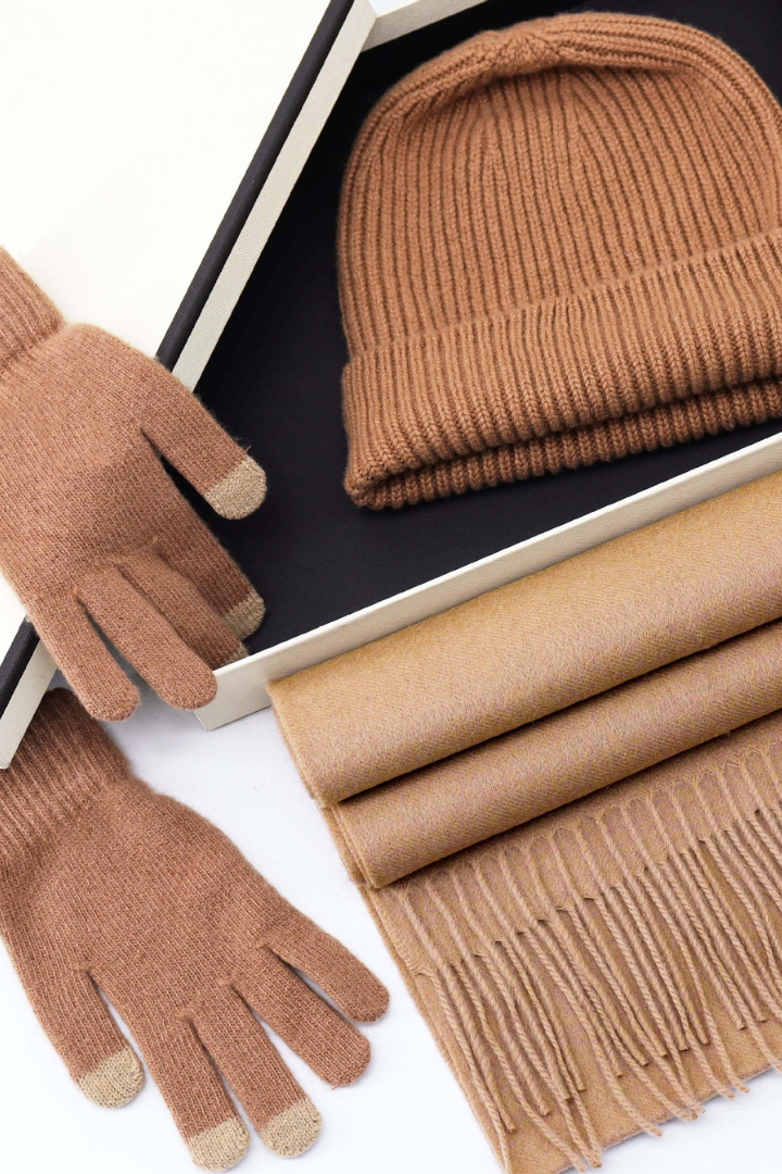 Femme – Coffret Cadeau en Laine Unisexe – Écharpe, Bonnet et Gants Tactiles
