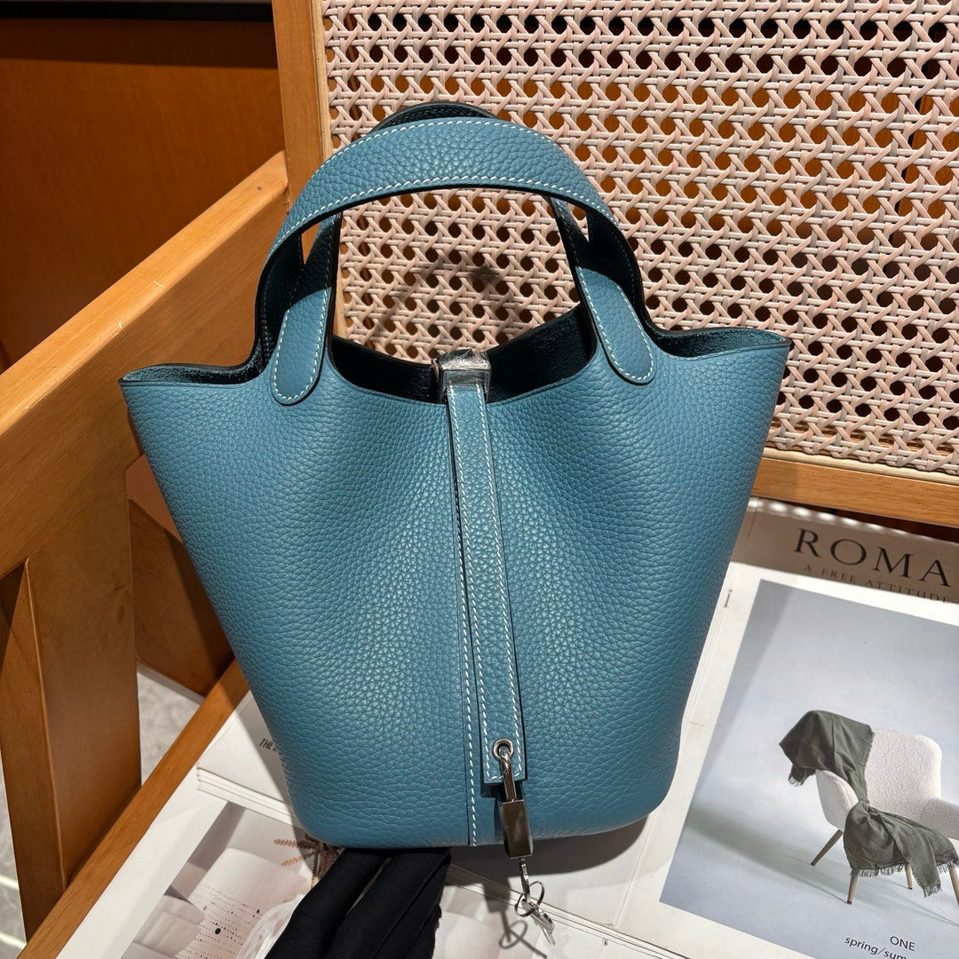 Women's Pebbled Leather Bucket Bag with Handle and Shoulder Strap
