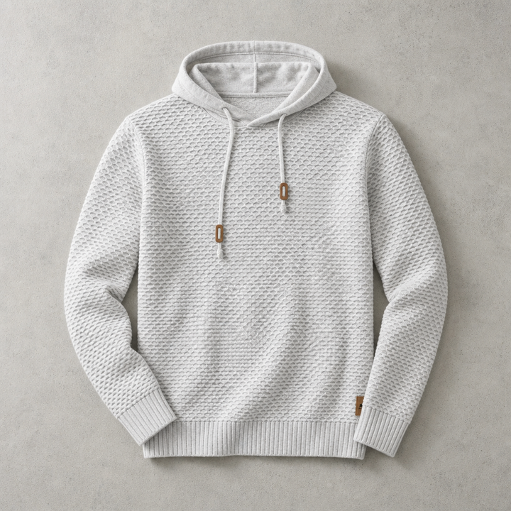 Gebreide hoodie voor heren met mandweefsel en trekkoord