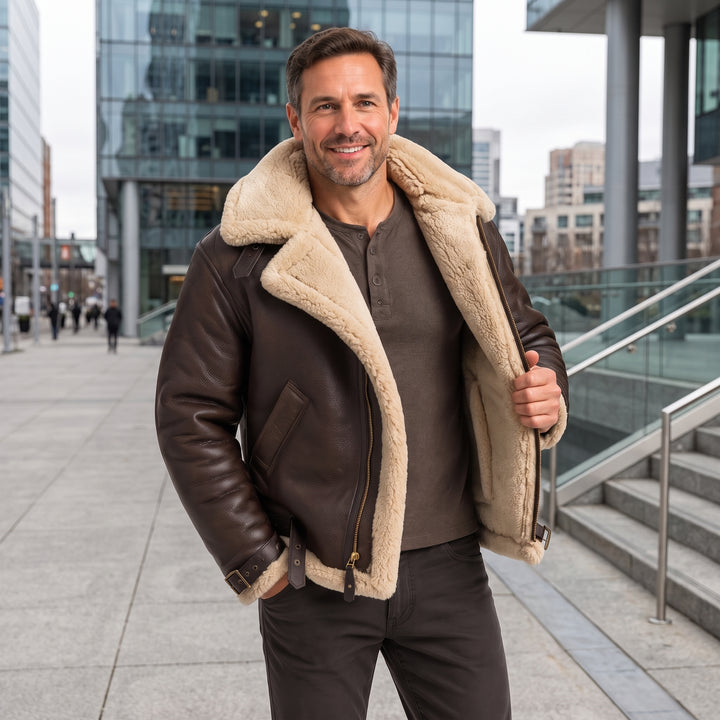 Veste en Cuir d'Agneau Véritable pour Homme avec Col en Fausse Fourrure