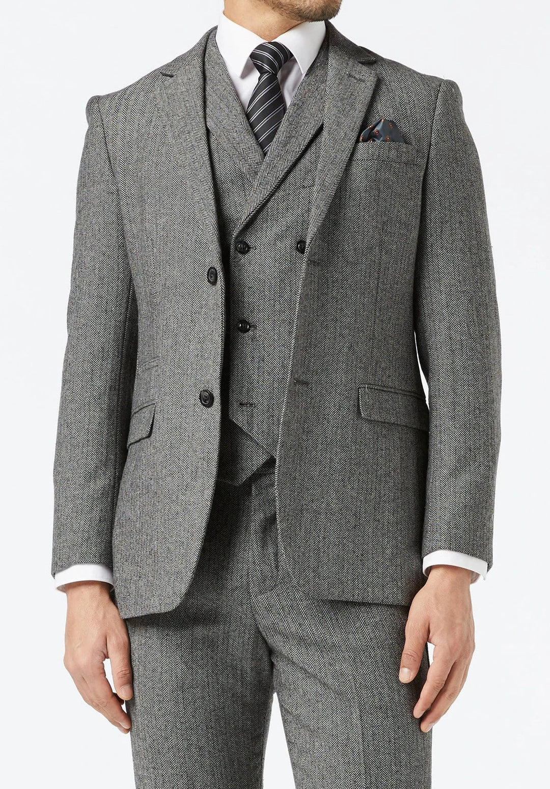 Herenkostuum in drie delen met slim fit in visgraatmotief, met double-breasted vest