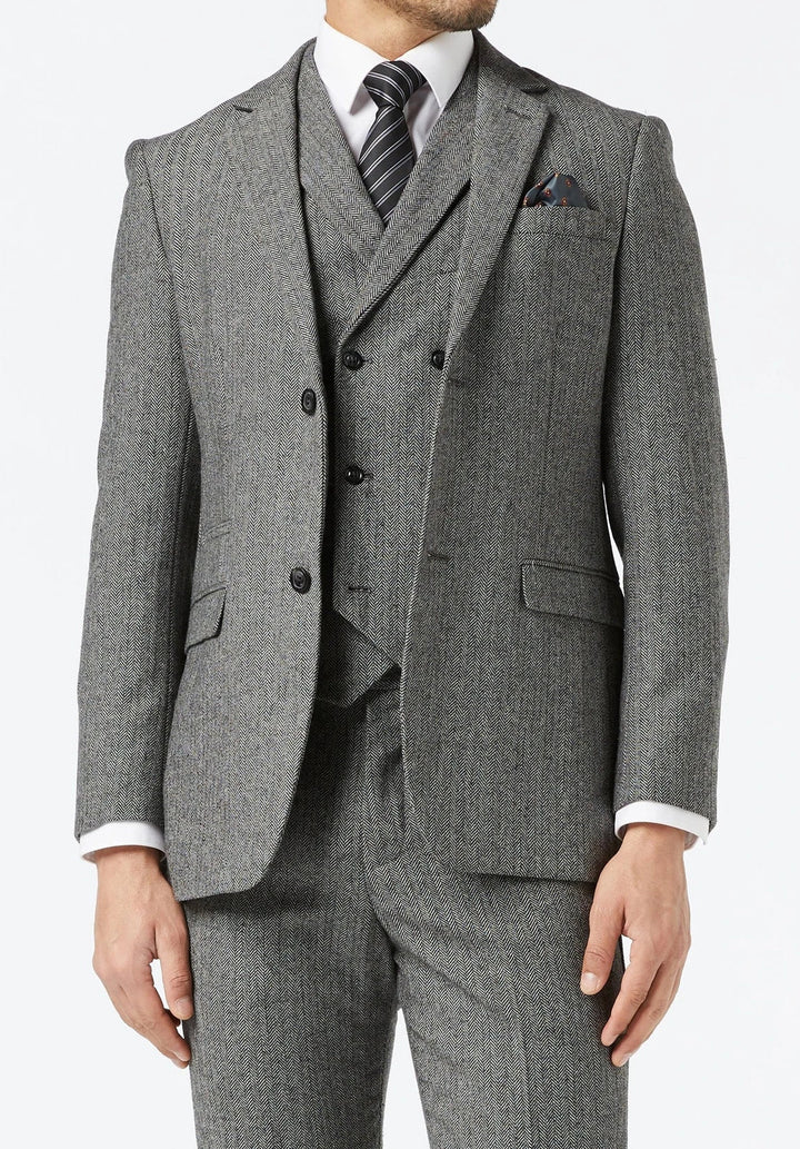 Herenkostuum in drie delen met slim fit in visgraatmotief, met double-breasted vest