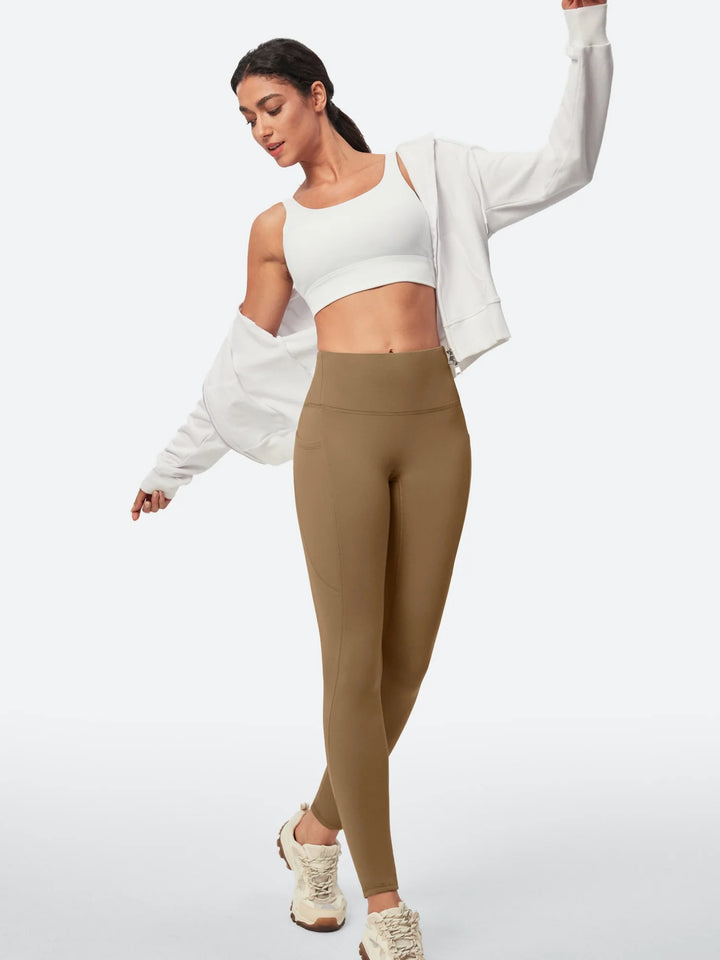 Leggings da donna a vita alta foderati in pile, senza cucitura anteriore e con tasche