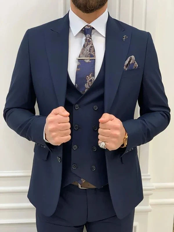 Costume Trois Pièces Homme Coupe Classique avec Gilet Col V et Poches à Rabat