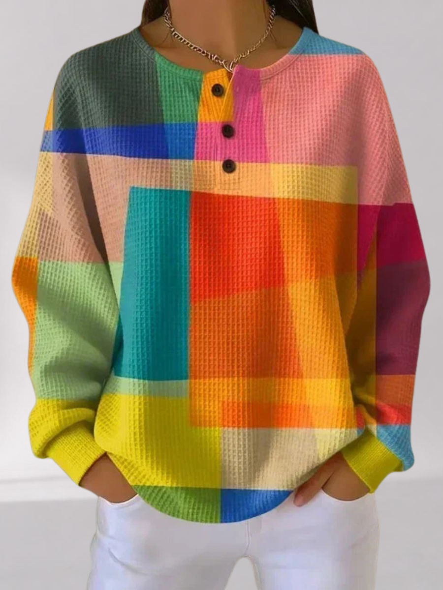 Pull en Maille Texturée Color Block à Col Henley