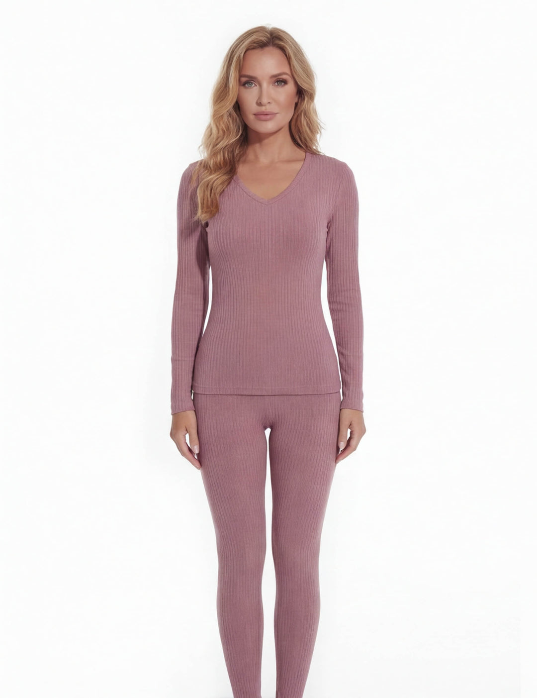 Completo termico da donna a coste con scollo a V e maniche lunghe