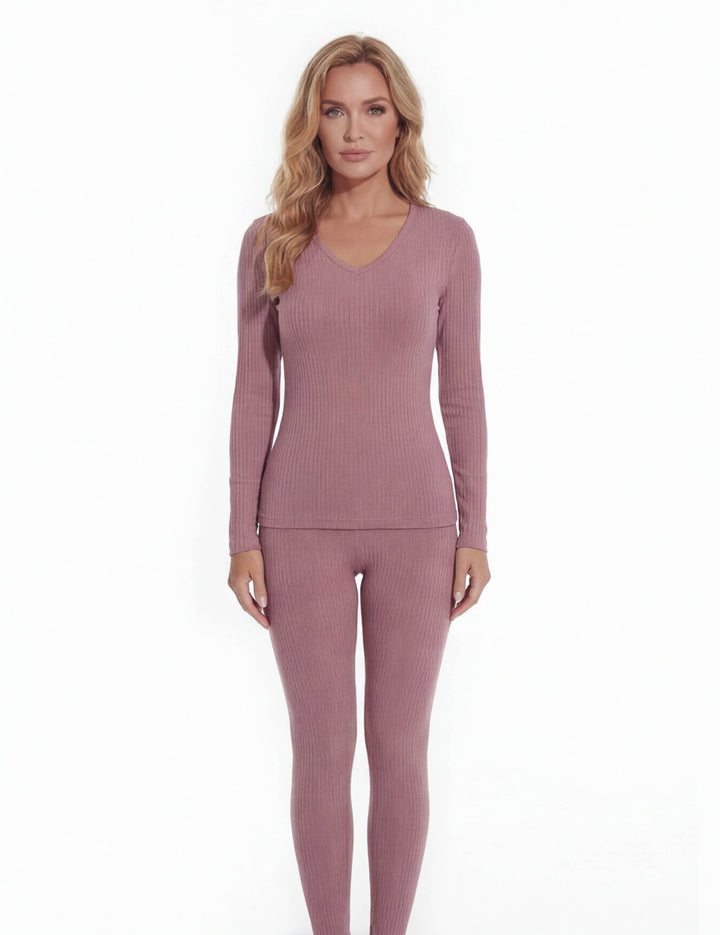 Completo termico da donna a coste con scollo a V e maniche lunghe